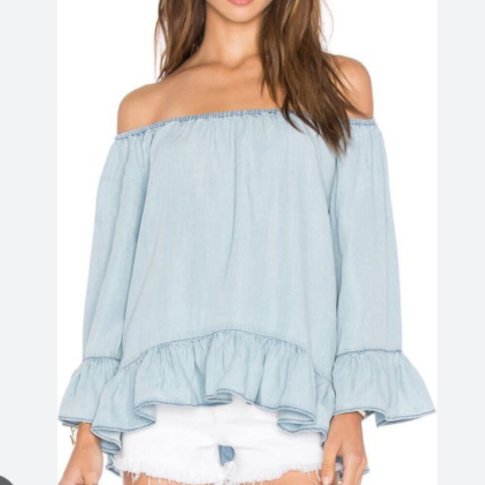 Sanctuary Julia Light Blue Denim Chambray Off the Shoulder Top sz Large